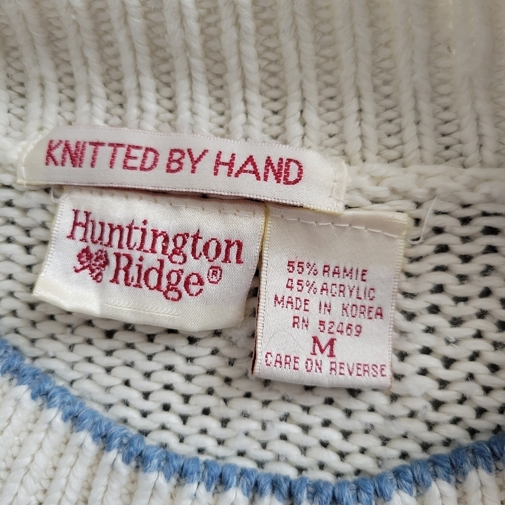 Huntington Ridge Vintage Knitted by Hand White Blue Sweater M Fringe Pom Winter - Picture 8 of 8